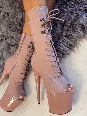 Hella Heels Nude Patent Lace-Up Platform 8-inch Boots, US 6